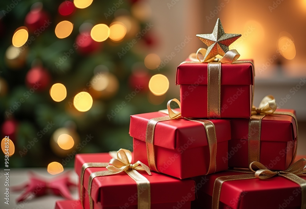 Festive Pyramid of Red Gift Boxes with Golden Ribbons and Star - Blurred Bokeh Lights Background Festive Pyramid of Red Gift Boxes with Golden Ribbons and Star - Blurred Bokeh Lights Background