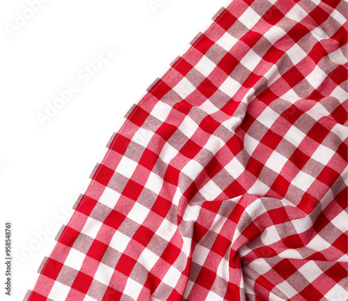 Crumpled checkered tablecloth isolated on white, top view