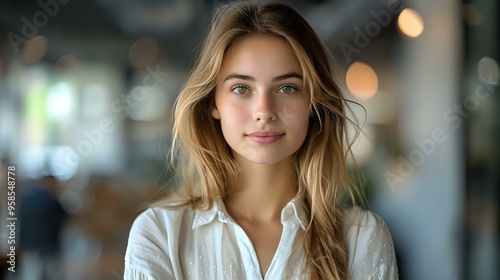 Professional headshot of young blonde businesswoman with natural smile wearing white button down shirt, perfect for corporate marketing, leadership and success concepts.