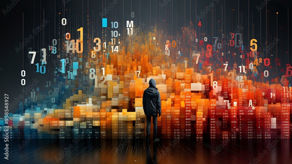 Fototapeta premium Digital futuristic landscape with solitary figure silhouetted against glowing numeric data streams and vibrant orange cityscape reflection, ideal for technology and urban innovation themes.