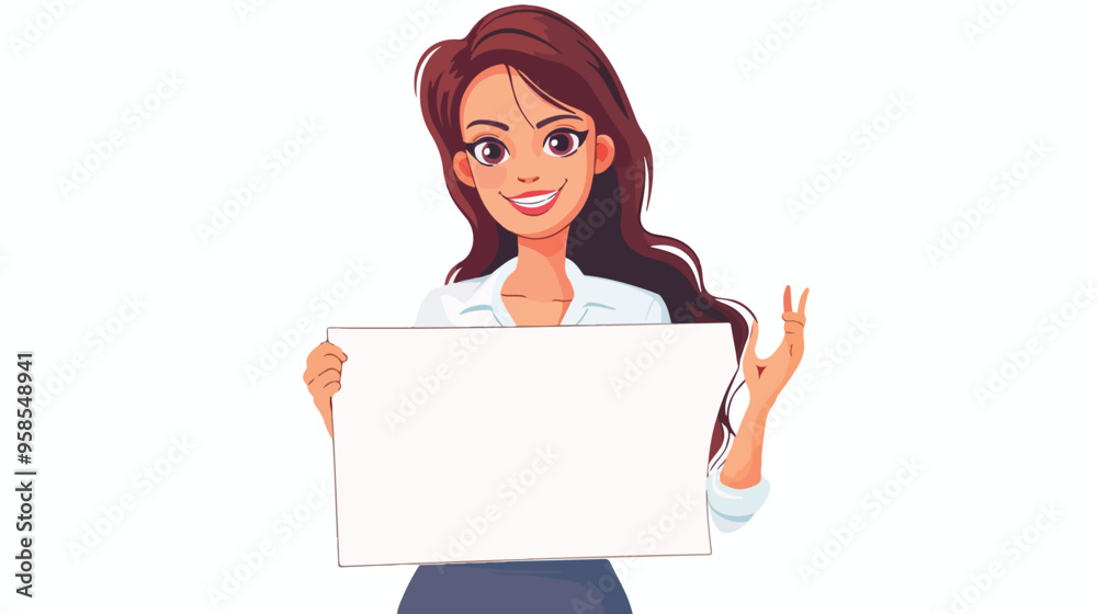Young Businesswoman Holding White Blank Banner Young Businesswoman Holding White Blank Banner