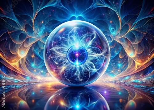 A futuristic illustration of a crystal orb with a glowing blue iris at its center, surrounded by delicate,