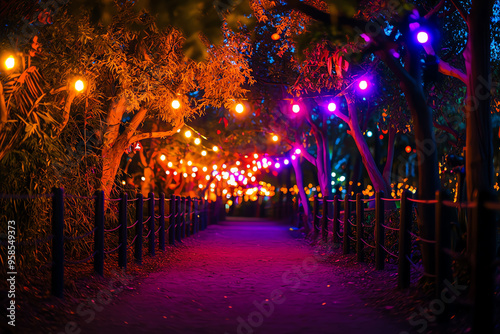 A vibrant pathway illuminated by colorful lights, perfect for evening strolls and creating a magical atmosphere. photo