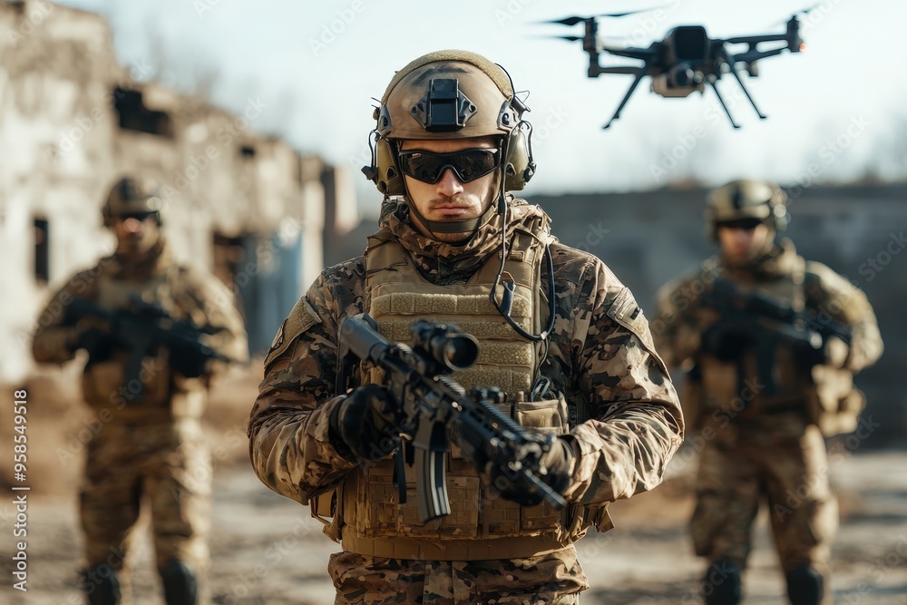 Fototapeta premium Military personnel in tactical gear operating drones, conducting reconnaissance and strategic operations amidst the ruins of an urban landscape, highlighting modern warfare methods.