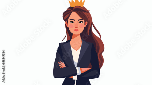 Confident Young Businesswoman in Paper Crown Standing with Arms Crossed