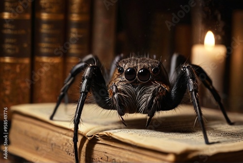 Giant spider with menacing pose perched on old book against candlelit background

