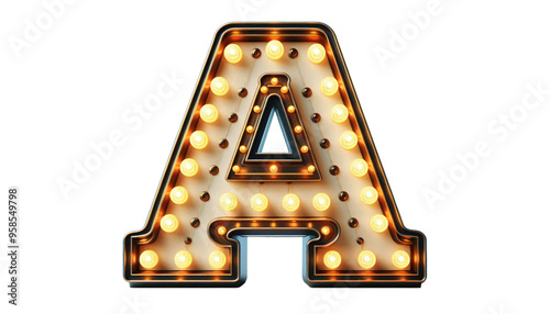 Vintage Steampunk Letter 'A' with Illuminated Incandescent Bulbs in Old American Road Sign Style on Transparent Background