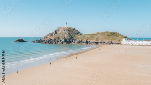 Surfers ride the ocean waves under a clear blue sky with a lighthouse perched on a distant island, capturing the essence of Biarritz's coastal beauty