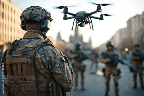 A soldier in tactical gear operates a drone in an urban setting, while other soldiers stand guard in the background, showcasing advanced military technology in modern warfare. photo