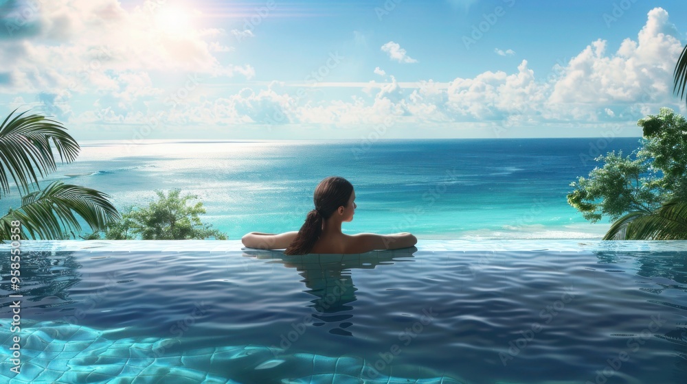 Perfect island view Woman relaxing in pool while gazing towards ocean Perfect island view Woman relaxing in pool while gazing towards ocean