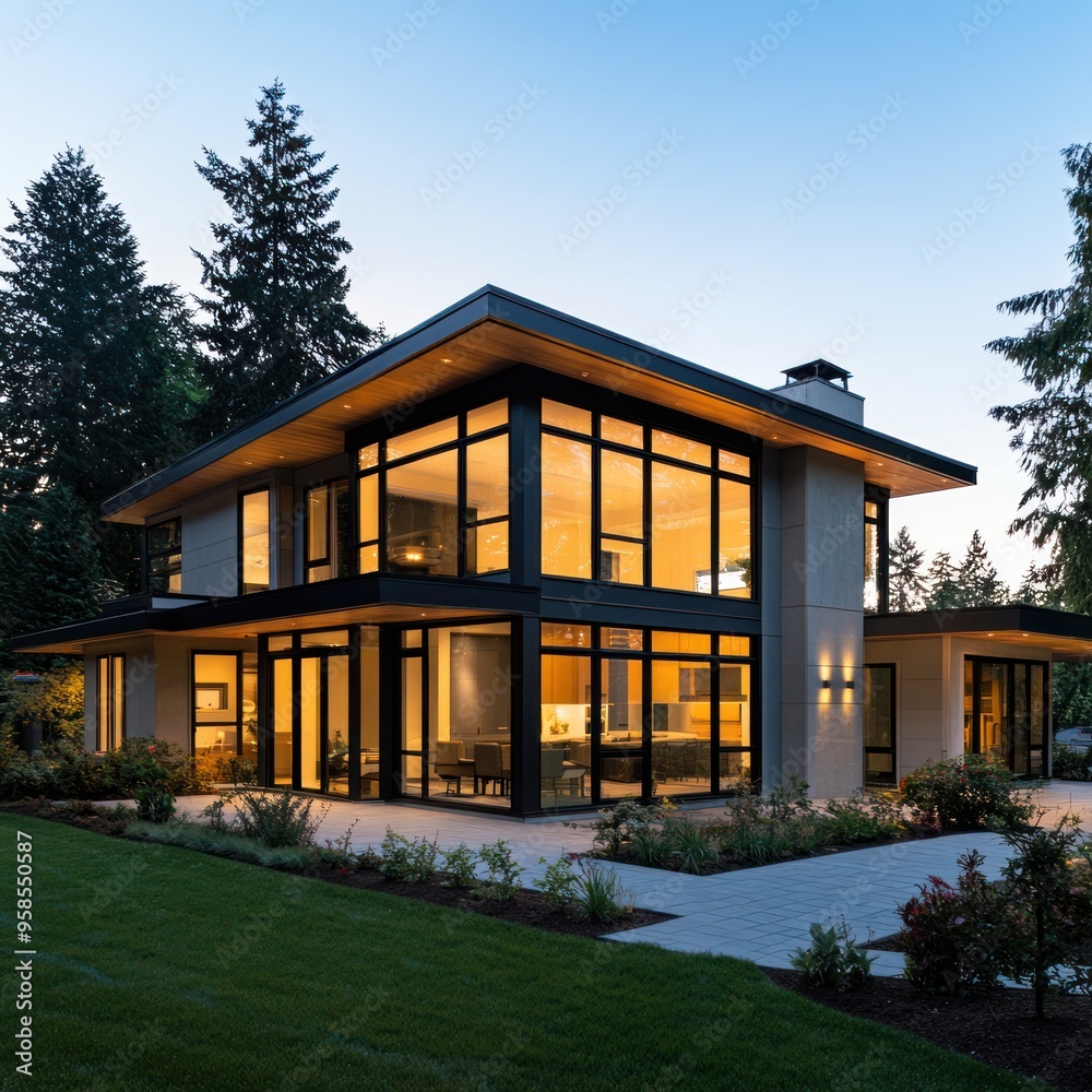 Fototapeta premium Newly built modern home with large windows and clean lines 