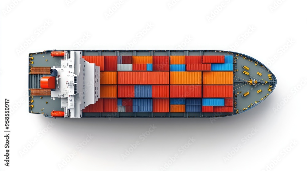 Obraz premium Container ship top-down view, maritime logistics, detailed and accurate, isolated on white background