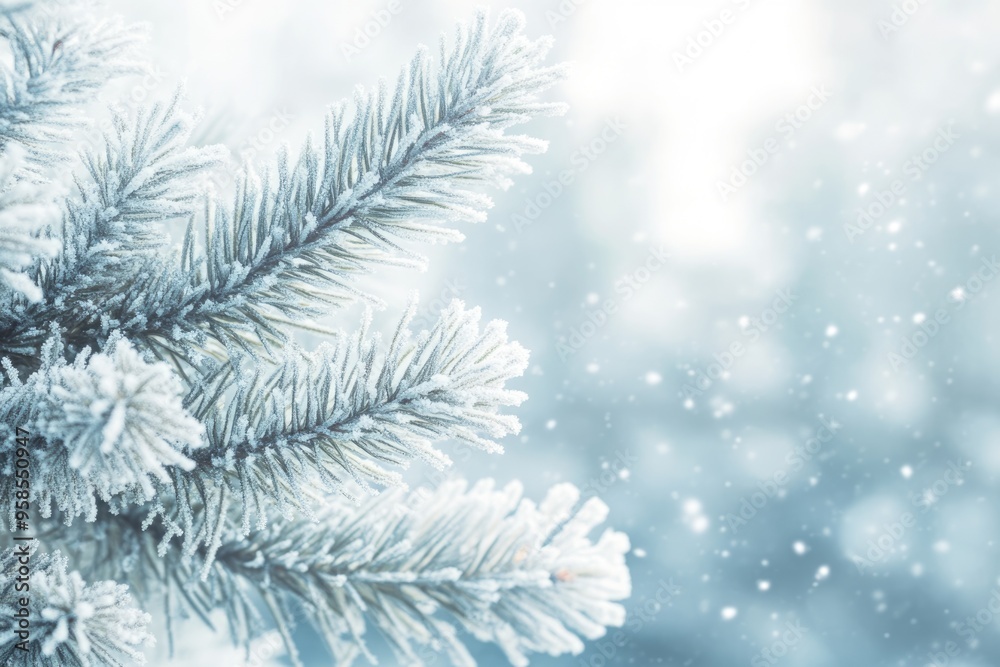 Winter background close up of frosted pine branch on a snowing day with copy space Winter background close up of frosted pine branch on a snowing day with copy space