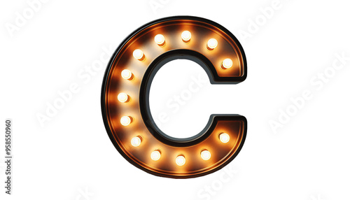 Vintage Steampunk Letter 'C' with Illuminated Incandescent Bulbs in Old American Road Sign Style on Transparent Background