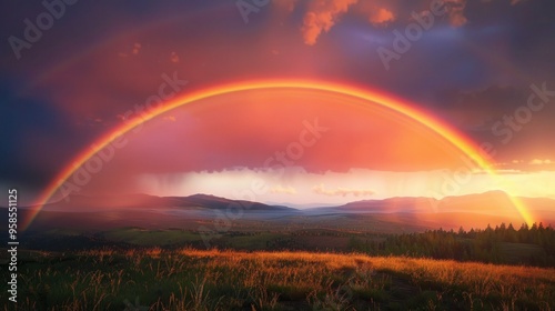 Picturesque landscape evening rainbow