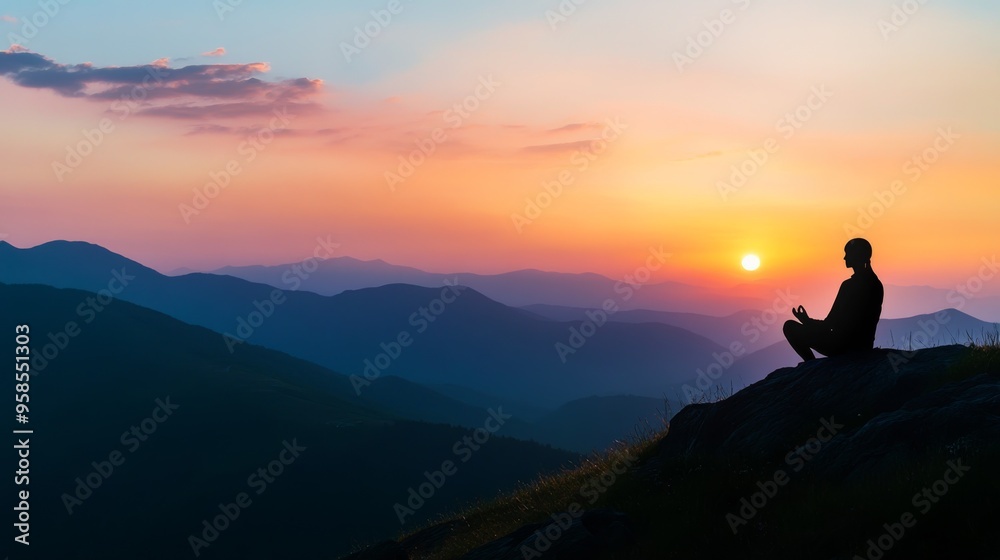 Mountaintop at Sunrise with Silhouette of Person Praying Mountaintop at Sunrise with Silhouette of Person Praying