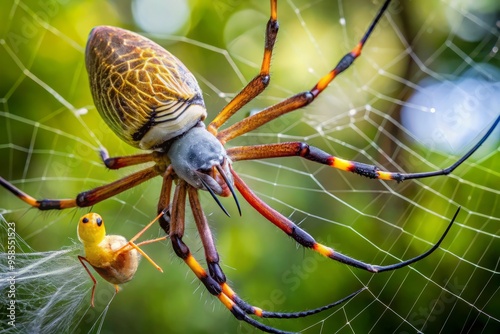 A large golden orb spider ensnares a struggling juvenile bird in its intricate web, its fangs sunk deep photo