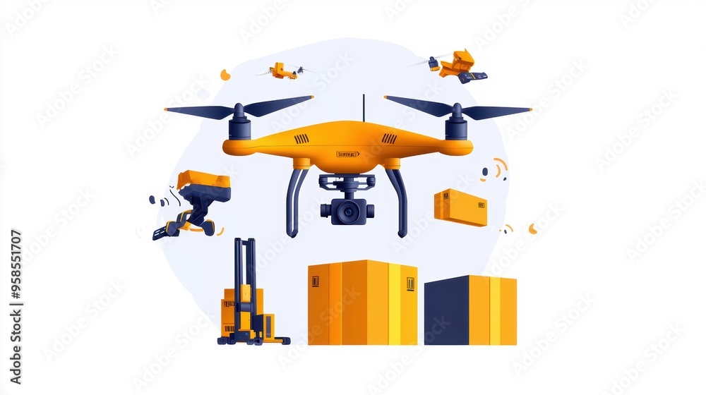 Drone-based optimization in cargo logistics, flat design illustration