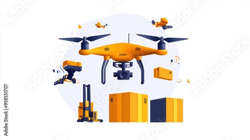 Drone-based optimization in cargo logistics, flat design illustration