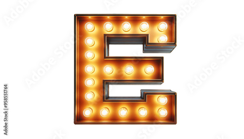 Vintage Steampunk Letter 'E' with Illuminated Incandescent Bulbs in Old American Road Sign Style on Transparent Background