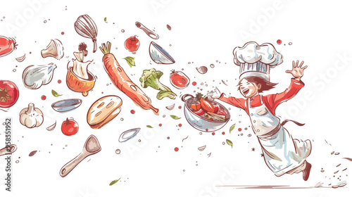 Young Cheerful Cook with Flying Ingredients