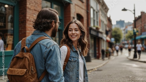 Happy Tourists Explore City Street on Vacation