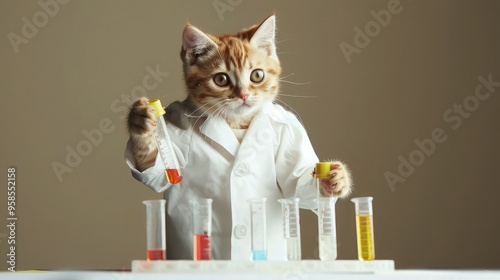 A walking cat student in a lab coat, holding test tubes, ready for a science experiment.