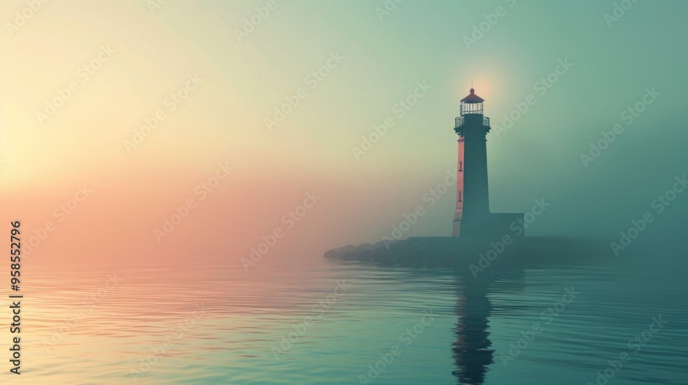 A lone lighthouse stands in the vast ocean on a foggy day A lone lighthouse stands in the vast ocean on a foggy day