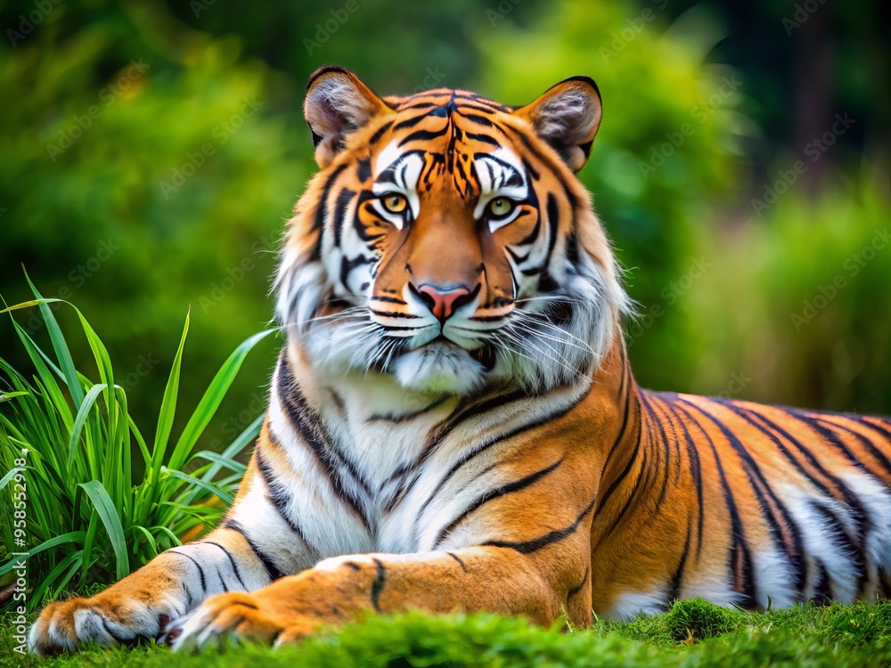 A majestic Bengal tiger with vibrant orange and black stripes lies regally on lush green grass, gazing intensely A majestic Bengal tiger with vibrant orange and black stripes lies regally on lush green grass, gazing intensely