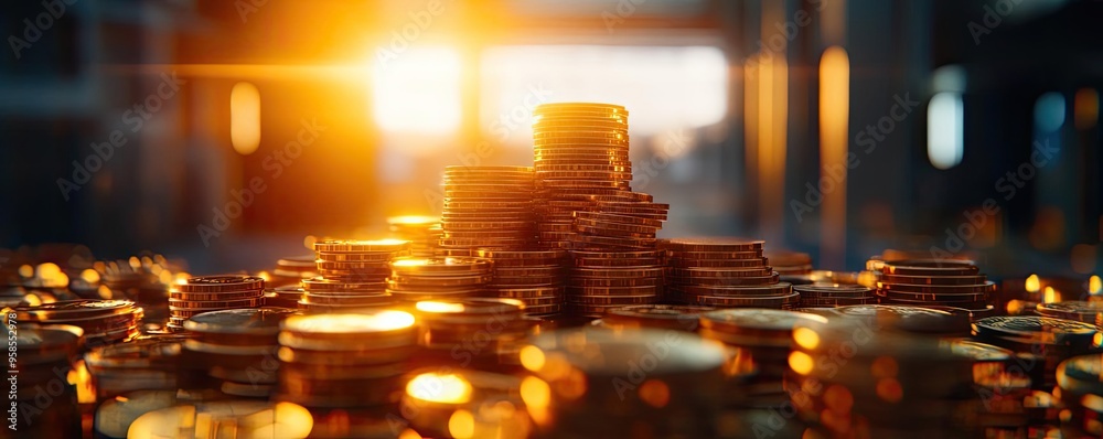 A stunning view of a pile of shining coins illuminated by warm sunlight, symbolizing wealth and prosperity. A stunning view of a pile of shining coins illuminated by warm sunlight, symbolizing wealth and prosperity.