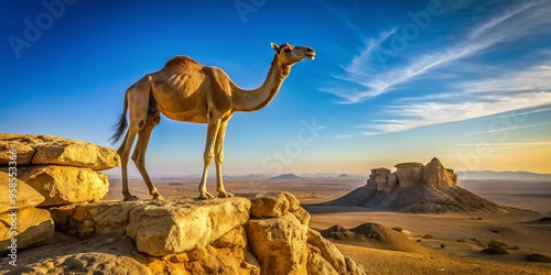 A majestic camel stands proudly atop a rugged, ancient stone tor, rising from a vast expanse of arid photo