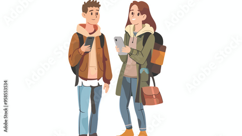 Young Couple with Smartphones Outdoors Hand-drawn Vector Illustration