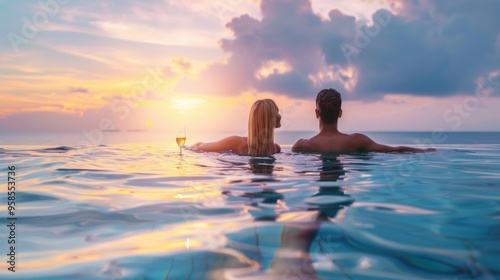 Perfect island view Woman relaxing in pool while gazing towards ocean