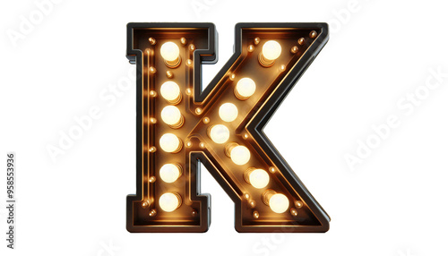 Vintage Steampunk Letter 'K' with Illuminated Incandescent Bulbs in Old American Road Sign Style on Transparent Background
