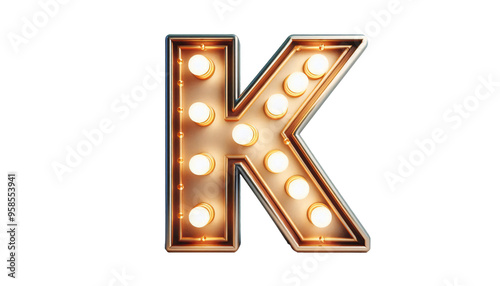 Vintage Steampunk Letter 'K' with Illuminated Incandescent Bulbs in Old American Road Sign Style on Transparent Background