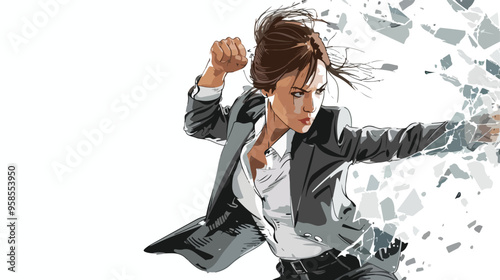 Young Determined Businesswoman Breaking Glass with Karate Chop