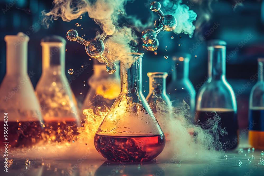 Multiple glass flasks with vibrant chemical reactions inside, releasing colorful smoke and bubbles, creating a dynamic lab scene Multiple glass flasks with vibrant chemical reactions inside, releasing colorful smoke and bubbles, creating a dynamic lab scene