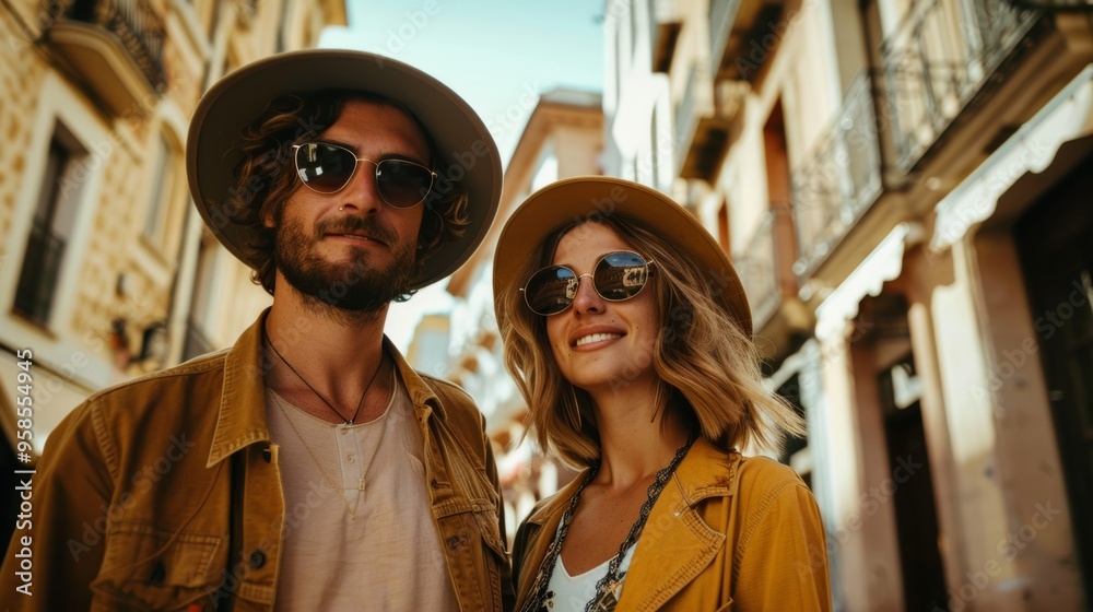 Obraz premium Photo of a young couple wearing hats and sunglasses walking in the city.
