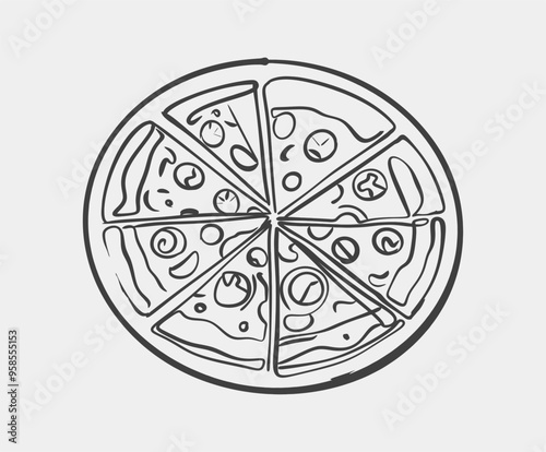 A detailed black and white drawing depicting a pizza, showcasing several slices that have been taken out and removed from it