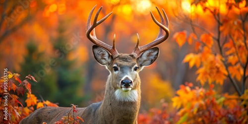 A majestic white-tailed buck deer with impressive antlers and rust-colored fur stands amidst autumn foliage, gazing photo