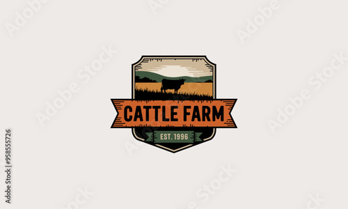 Farm logo with a cow in a shield, fields, and mountains