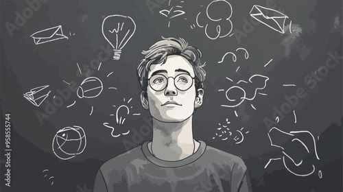 Young Funny Man in Glasses Against Chalk Blackboard