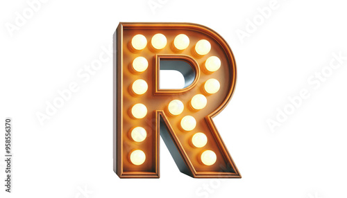 Vintage Steampunk Letter 'R' with Illuminated Incandescent Bulbs in Old American Road Sign Style on Transparent Background
