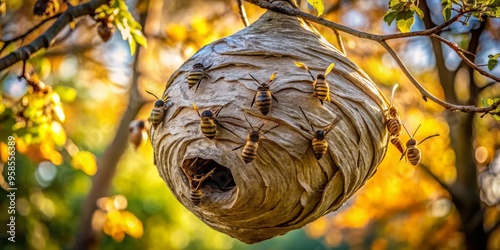 A menacing wasp nest, constructed from grayish-brown paper-like material, hangs precariously from a branching tree photo