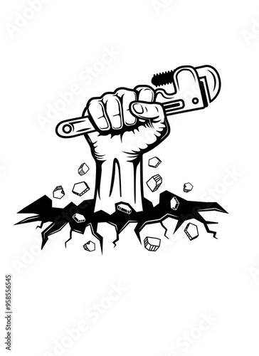 Fist Plumbing | Repairman | Plumbing Tool | Plumber | Pipe Wrench | Hand Fist | Cracked Floor | Hand Smashing Floor | Original Illustration | Vector and Clipart | Cutfile and Stencil