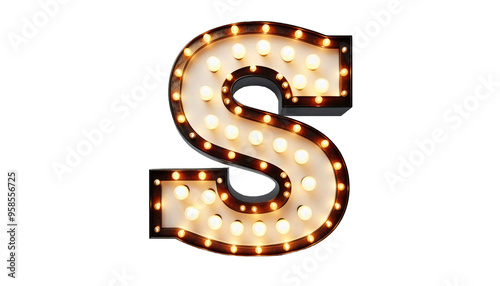Vintage Steampunk Letter 'S' with Illuminated Incandescent Bulbs in Old American Road Sign Style on Transparent Background