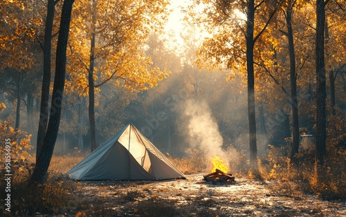 camping scene in autumn with a single tent set up in a forest, a small campfire with light smoke, soft early morning light filtering through the trees photo