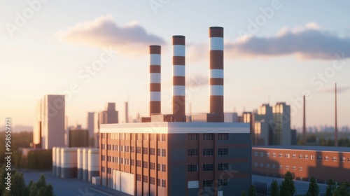 A modern industrial power plant with prominent smoke stacks bathed in the soft light of sunset, representing energy production and industrialization.