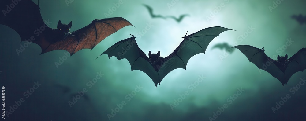 Fototapeta premium Eerie bat silhouettes in a darkening twilight sky, flat design, side view, haunted spirits theme, water color, Split-complementary color scheme