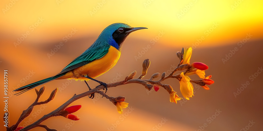 A sunbird's radiant plumage perched on a delicate desert branch, above sandy dunes, as golden light casts long shadows, evoking serenity. A sunbird's radiant plumage perched on a delicate desert branch, above sandy dunes, as golden light casts long shadows, evoking serenity.